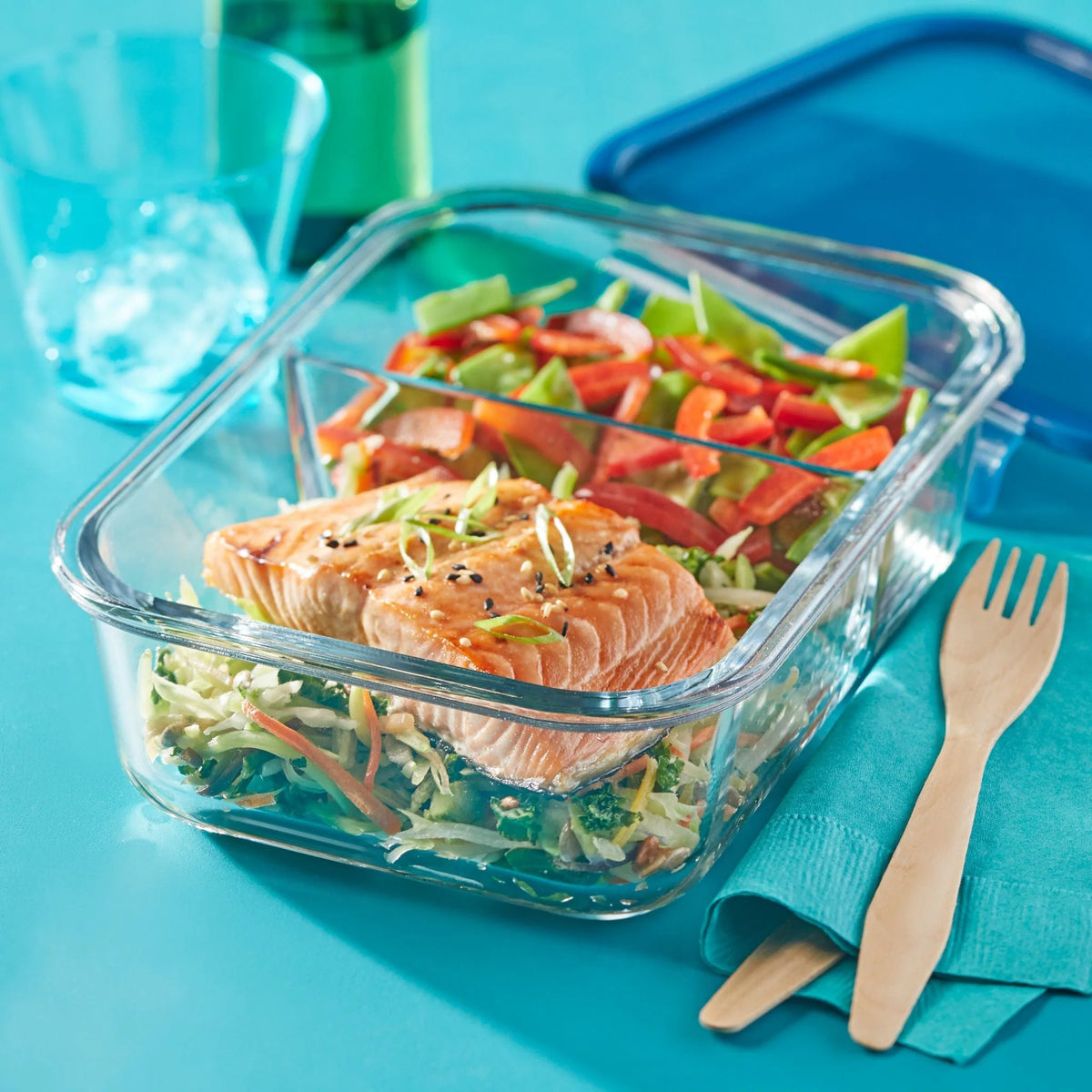 Pyrex® MealBox™ 5.8-cup Divided Glass Food Storage Container with Blue Lid