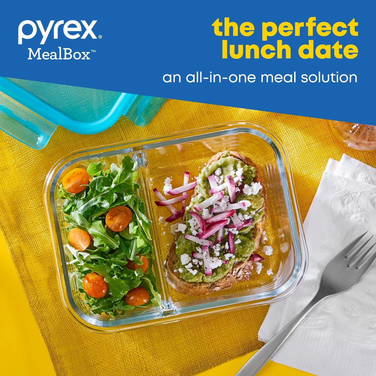 Pyrex® MealBox™ 2.3-cup Divided Glass Food Storage Container with Turquoise Lid