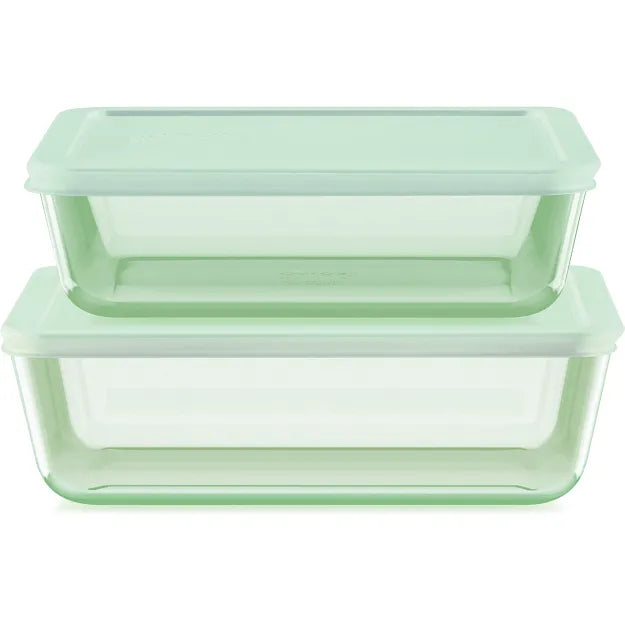 Pyrex® Simply Store® Tinted 4-piece Rectangle Storage Set with Green Plastic Lids