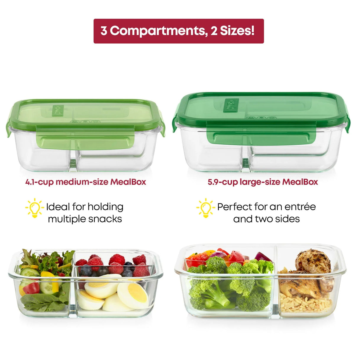 Pyrex® MealBox™ 4-cup Divided Glass Food Storage Container with Green Lid